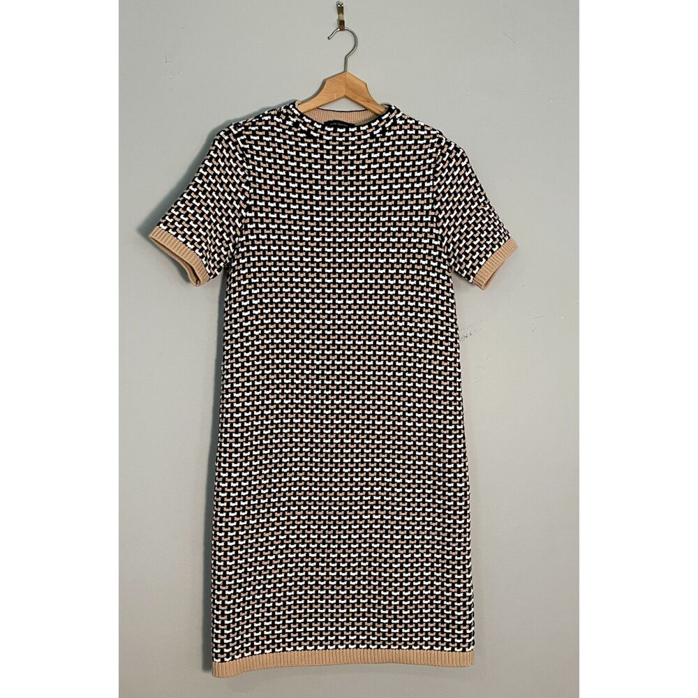 Ann Taylor M Black Tan Tweed Sweater Dress Short Sleeve Knit Shift Chanel Style
